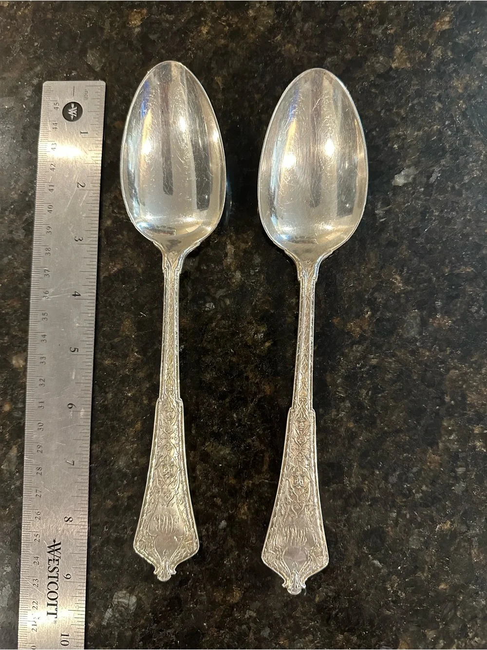 Pair of vintage Tiffany & Co. Silver Ornate Dinner Spoons